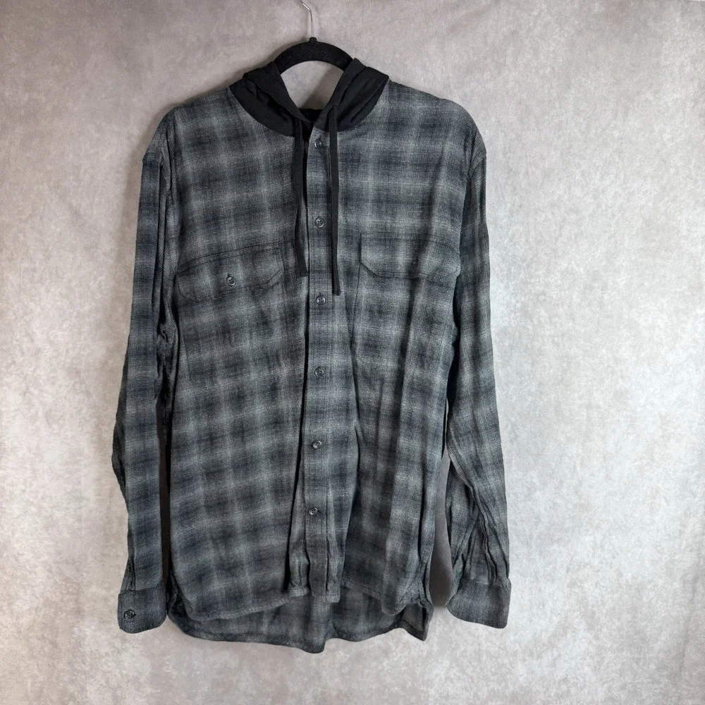 Vince Tonal Shadow Plaid Hoodie Button Down Shirt In Gray Black Men's‎ Size XL